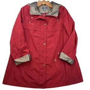 Gallery Women 1X Red Hooded Rain Jacket Coat Snaps Zip Pockets Lightweight‎